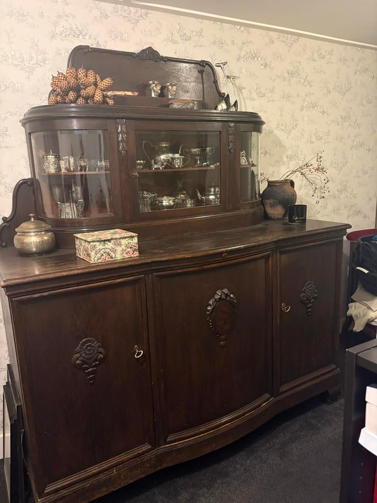 Antieke Buffetkast met Rond Glas - 3 Delen, Gebruikt, 100 tot 150 cm, Ophalen of Verzenden, 150 tot 200 cm