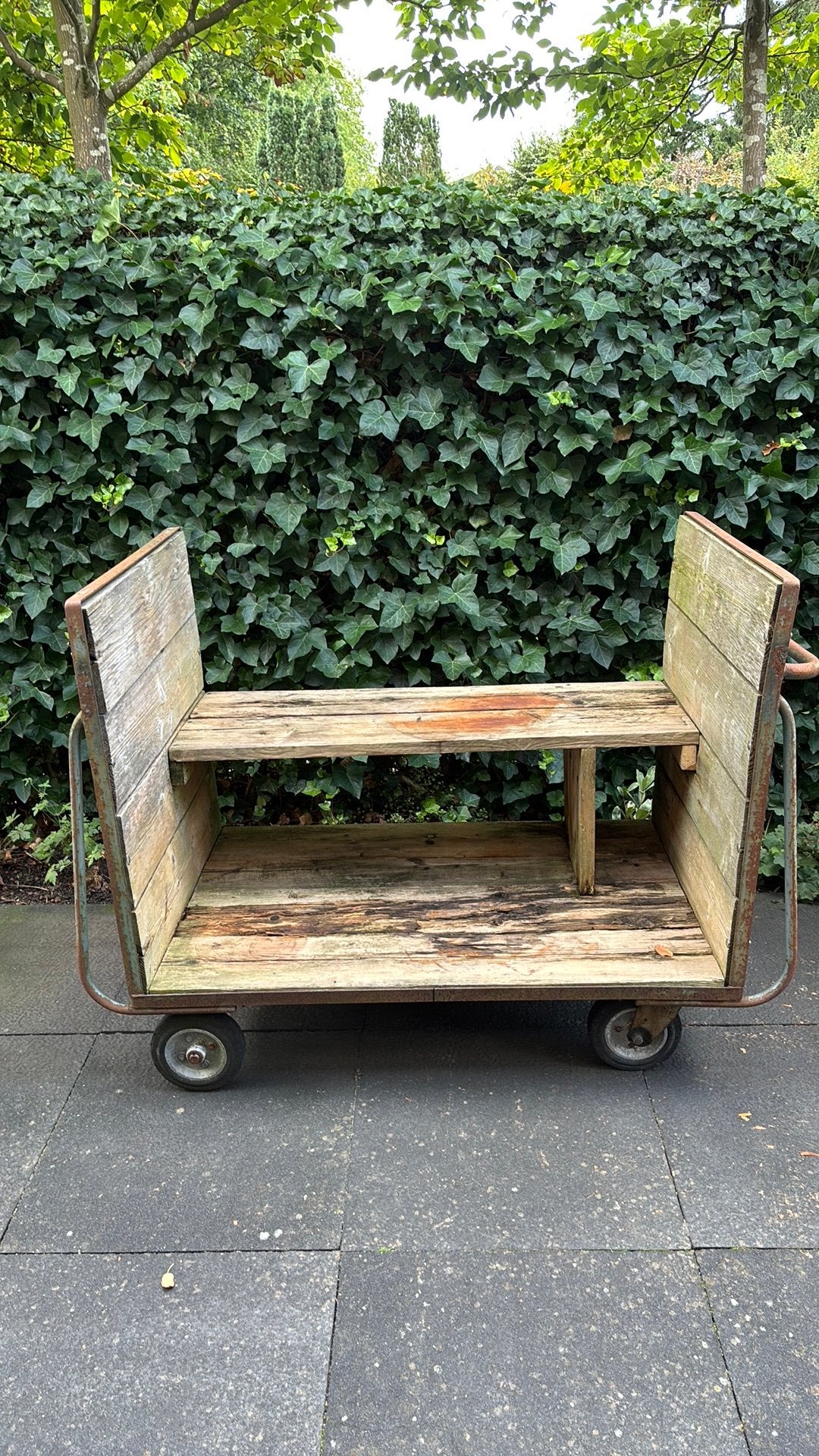 Unieke houten transportkar met stalen frame, 100 liter of meer, Ophalen, Gebruikt, Transportkar