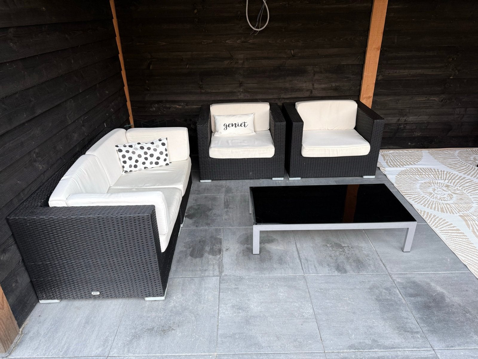 Loungeset met salontafel, kussens en hocker, Ophalen, 4 zitplaatsen, Gebruikt, Loungeset