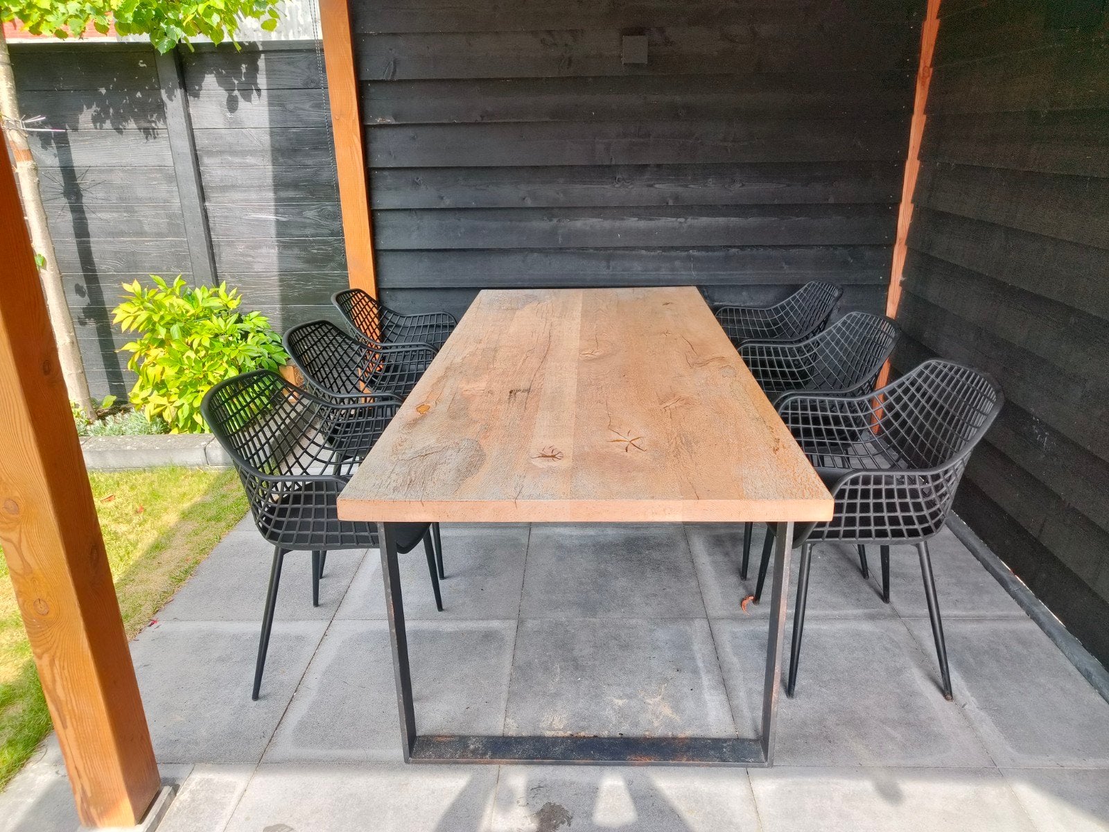 Boomstamtafel 220x100 cm met 6 stoelen, Ophalen, Gebruikt