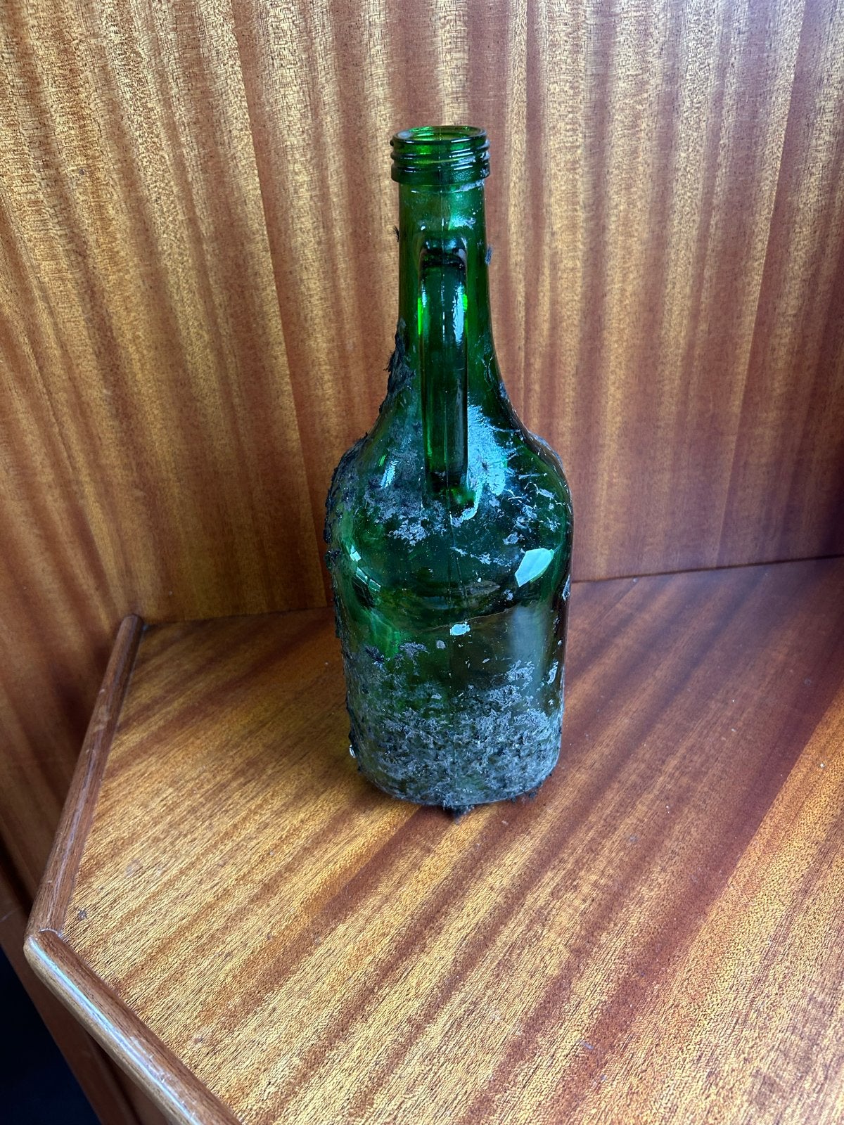 Antieke Groene Glazen Fles met Handvat - Gevonden in Zee, Ophalen of Verzenden