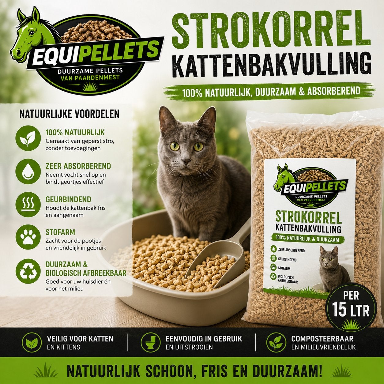 Kattenbakvulling Strokorrels 15L | Natuurlijk | Stofarm, Dieren en Toebehoren, Ophalen of Verzenden, Nieuw, Gesloten
