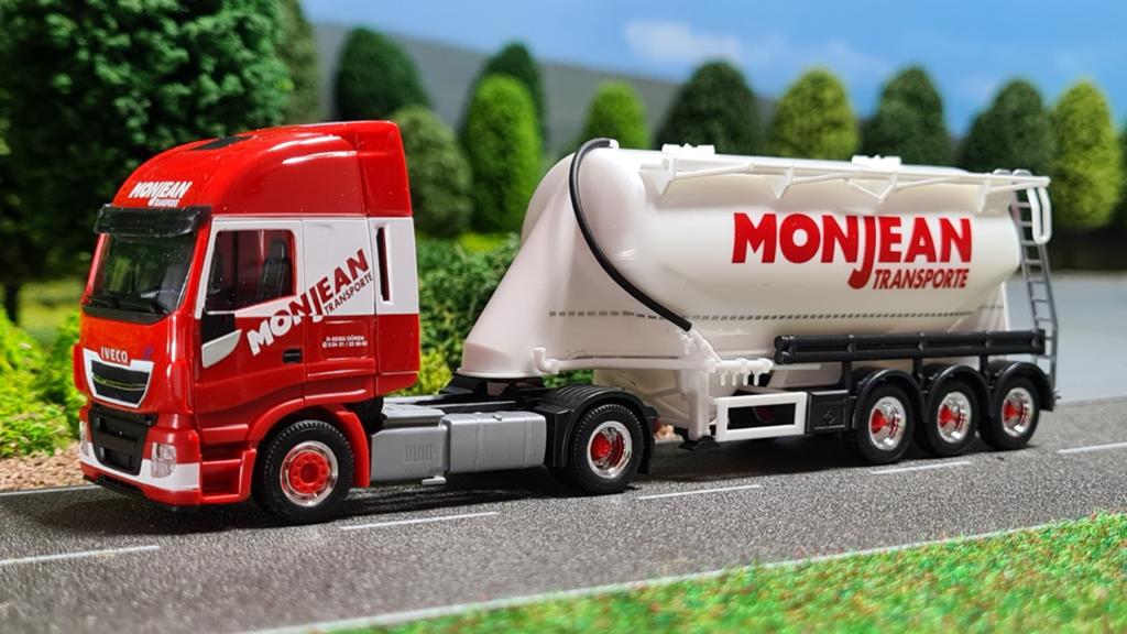 104 Herpa Monjean Iveco Stralis onderlosser bulkoplegger, Hobby en Vrije tijd, Modelauto's | 1:87, Ophalen of Verzenden, Nieuw