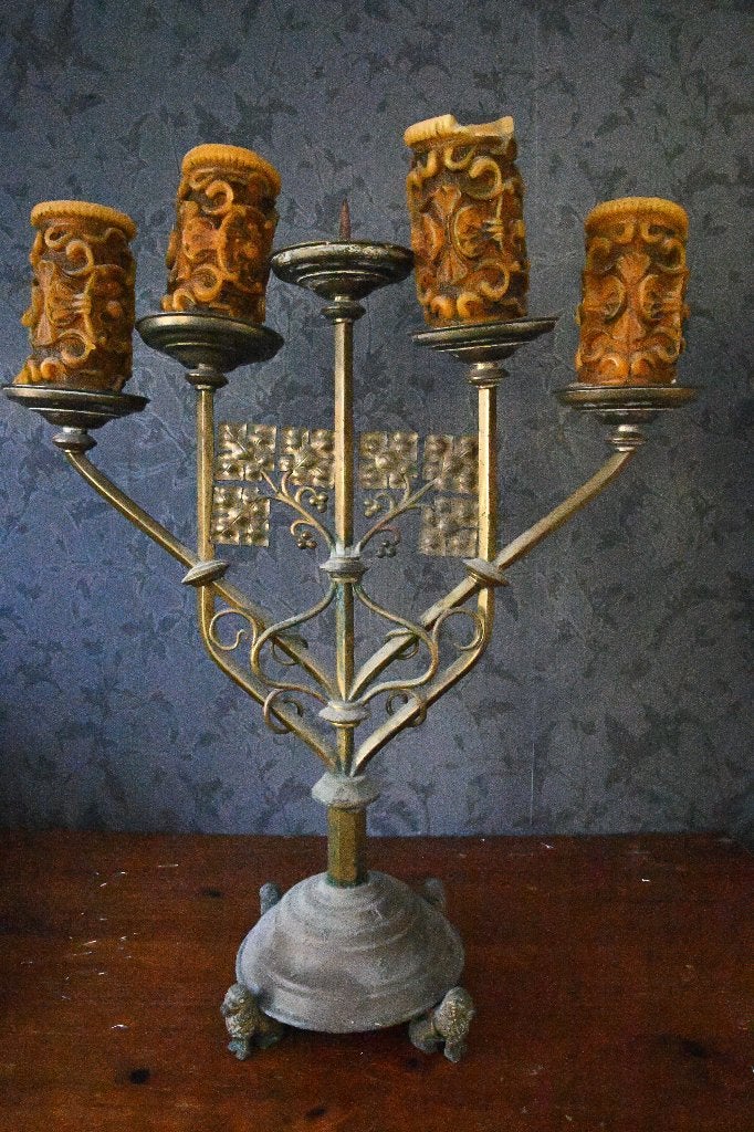 Antieke bronzen kandelaar met 5 armen, Antiek en Kunst, Ophalen, Koper of Brons