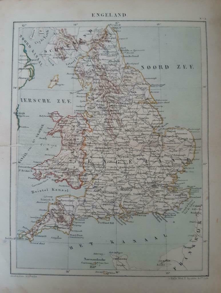 03 / Litho van J. Kuyper uit 1880 van Engeland en o.a. Wales, Ophalen of Verzenden