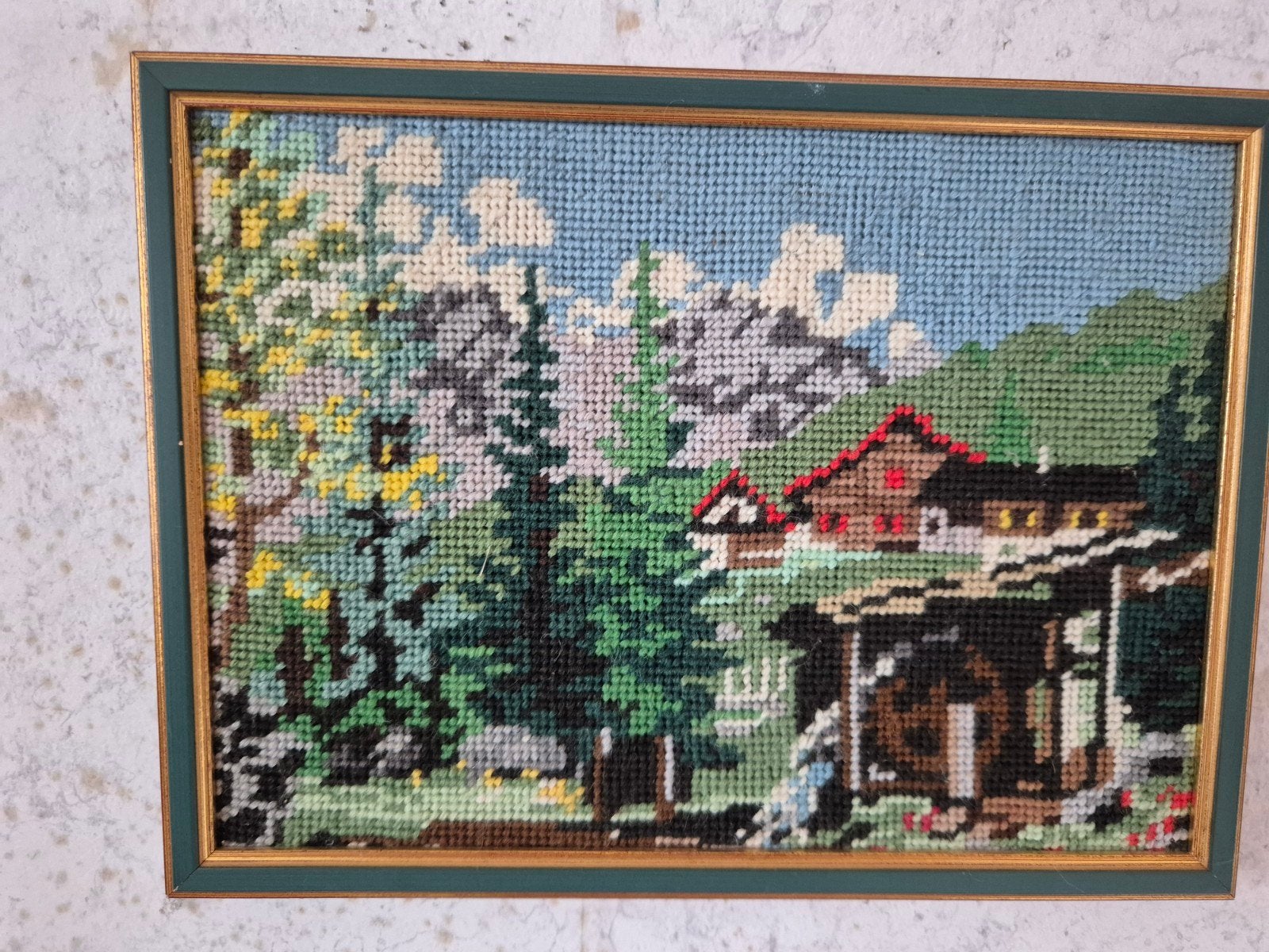 2 Geborduurde Schilderijen - Alpenlandschap 25x19cm, Huis en Inrichting, Ophalen of Verzenden, Gebruikt, Overige typen