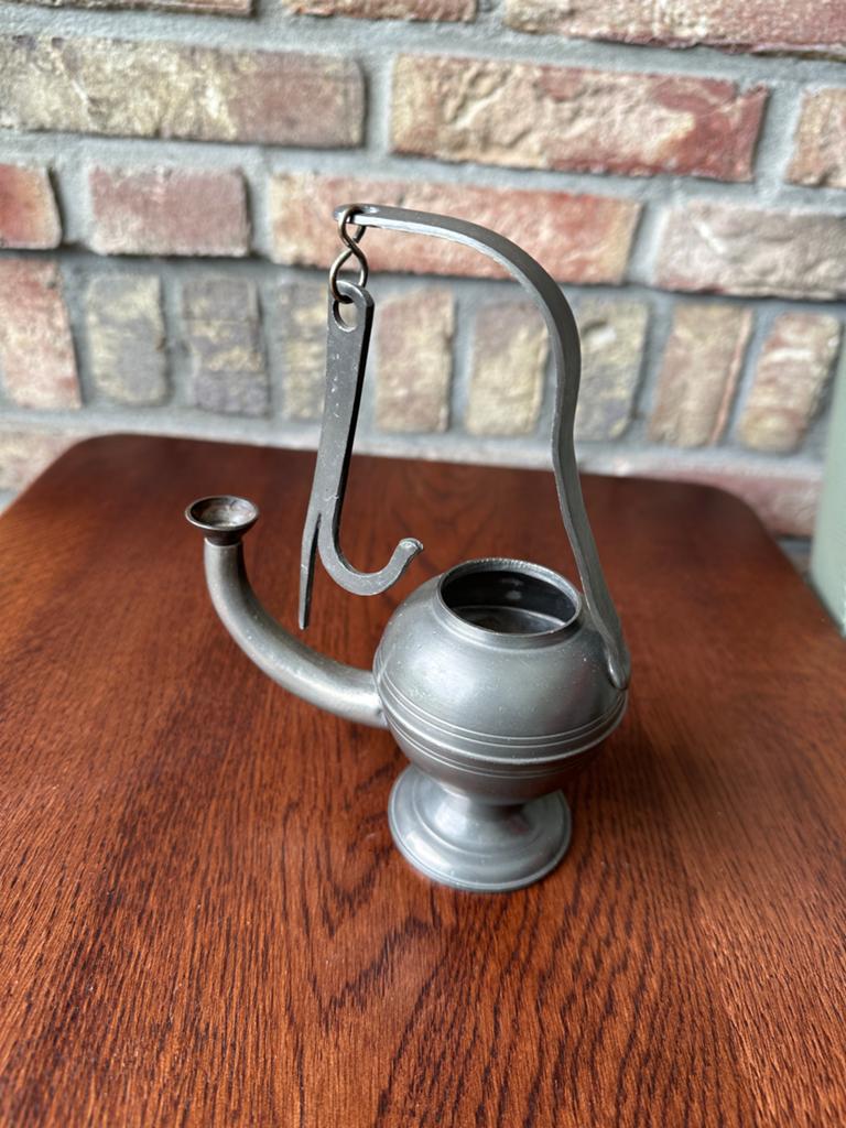 Antieke tinnen olielamp en asbak, Antiek en Kunst, Ophalen of Verzenden