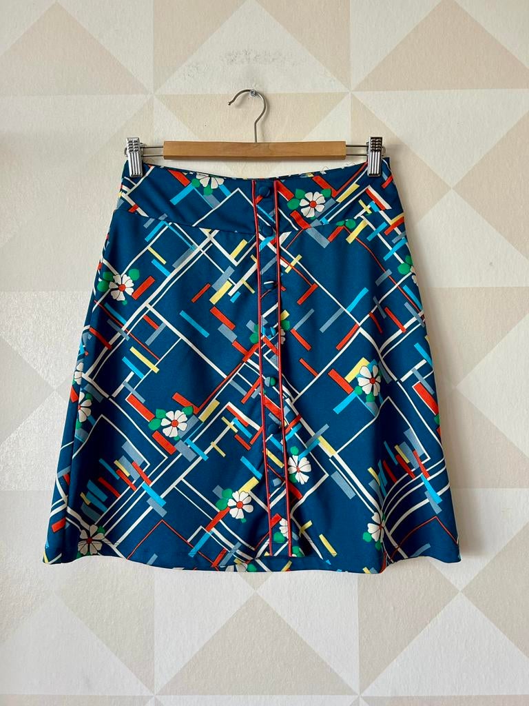 King Louie Skirt rok retro blauw bloem S/36 zgan, Kleding | Dames, Rokken, Blauw, Ophalen of Verzenden, Zo goed als nieuw, Knielengte