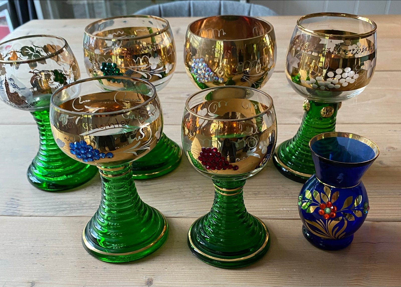 Set van 6 vintage Römer wijnglazen en 1 vaasje, Antiek en Kunst, Ophalen