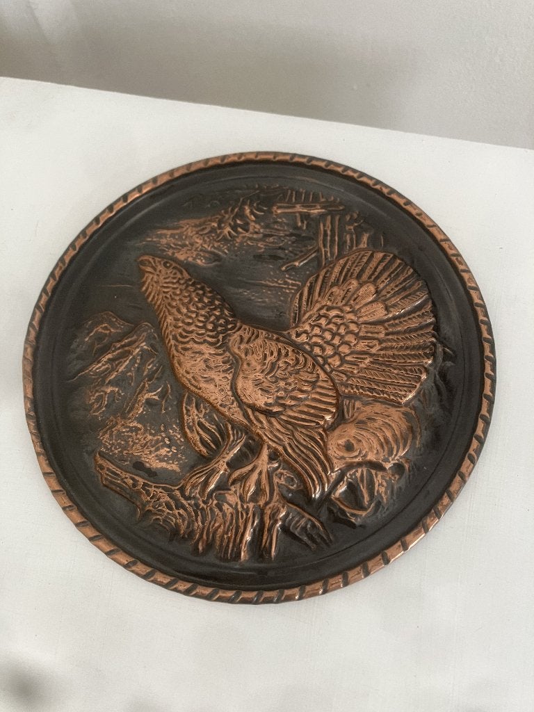 Vintage koperen wandbord met een reliëf van een korhoen. , Metaal, 30 cm, 30 cm, Oranje