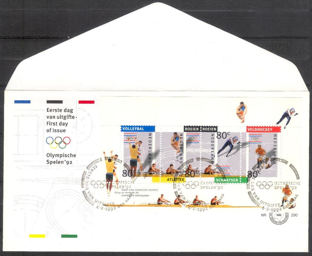 E290 - Olympische Spelen 1992 - blok, Postzegels en Munten, Postzegels | Eerstedagenveloppen, Verzenden, Onbeschreven, Nederland
