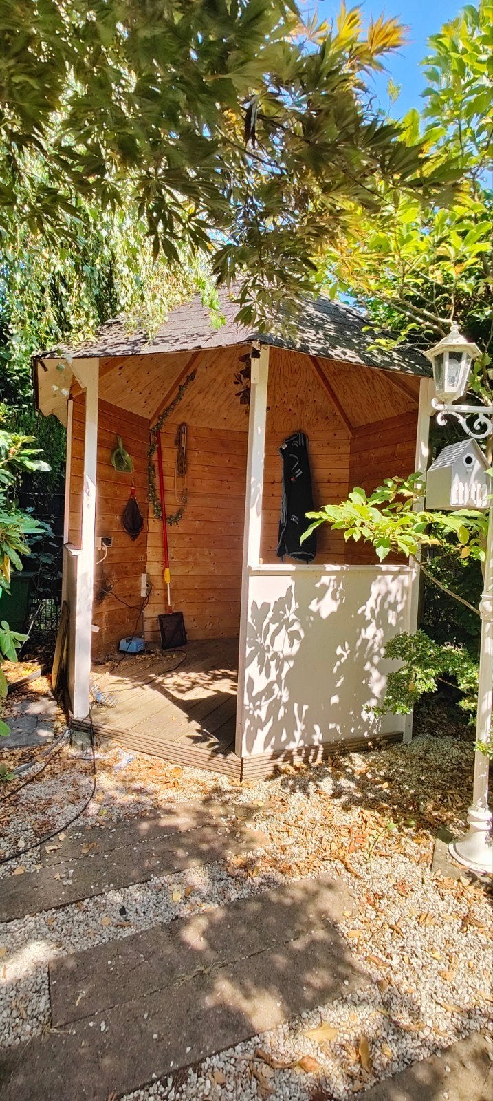 Mooi houten 6-hoekig tuinhuis/prieel met zinken dakpunt, Tuinhuis, Zonder ramen, Hout, Ophalen