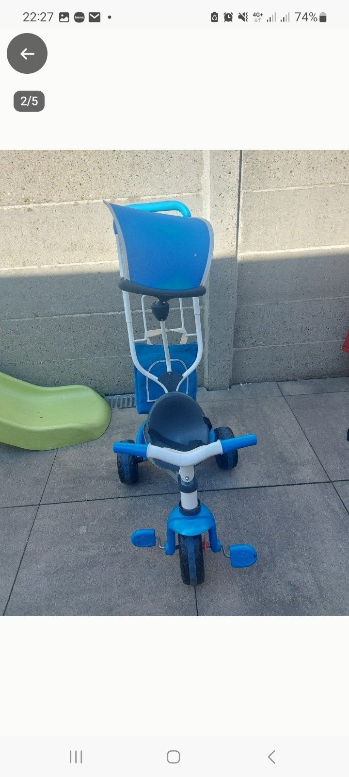 Blauwe Smoby driewieler, Ophalen of Verzenden, Gebruikt, Duwstang