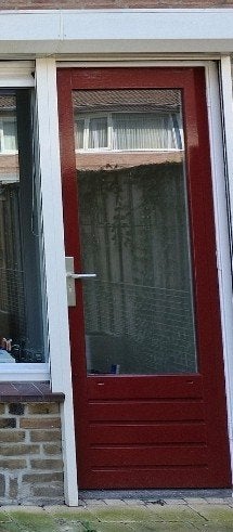 Rode buitendeur met glas en houten panelen, Ophalen, 80 tot 100 cm, 200 tot 215 cm, Glas