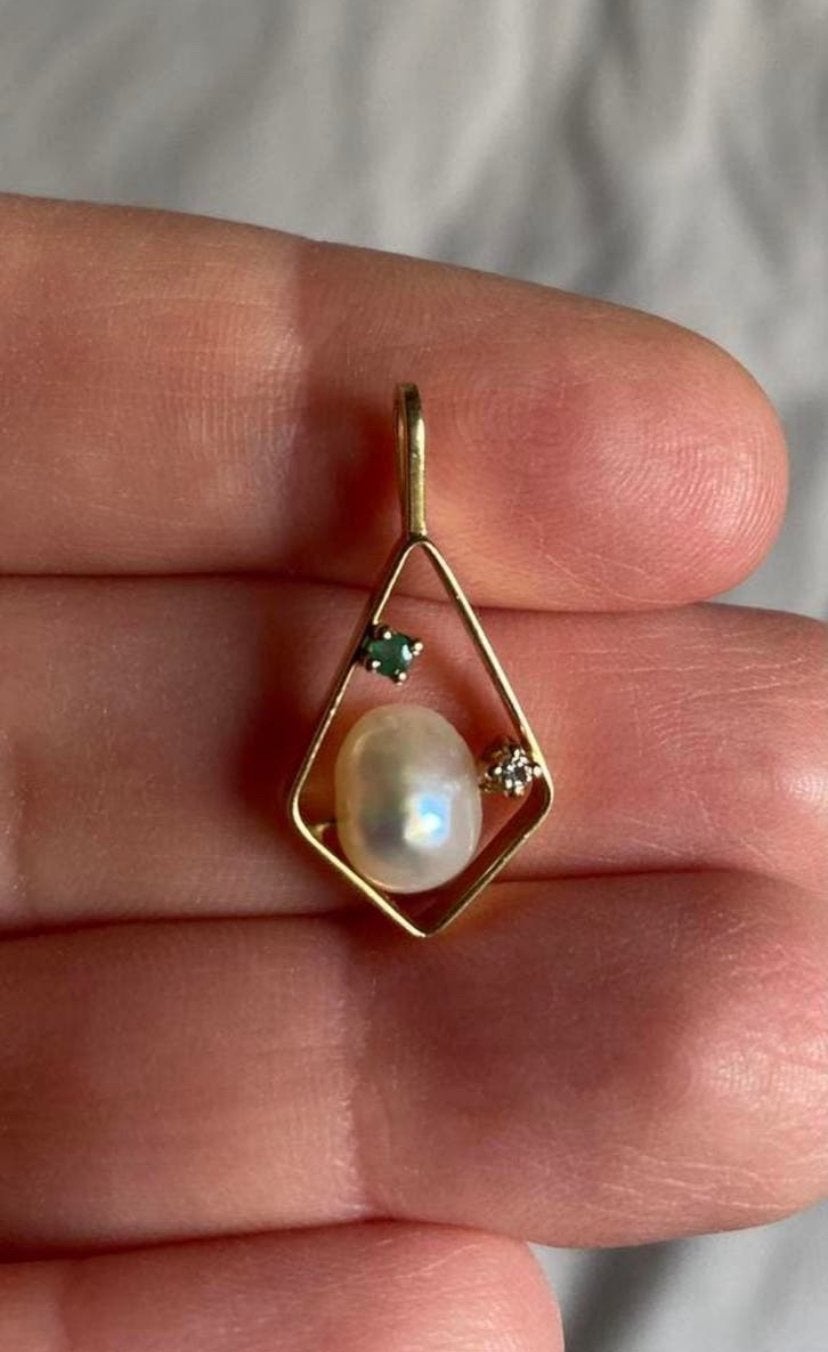 Mooie hanger met parel, diamant en smaragd 18 karaat goud, Verzenden, Zo goed als nieuw, Goud, Met parel
