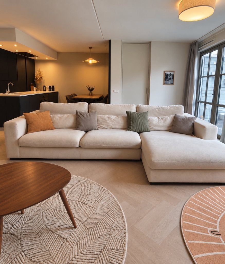 Grote Beige Hoekbank met chaises lounge (340x120/160cm), Ophalen, Gebruikt, 125 tot 150 cm, 300 cm of meer