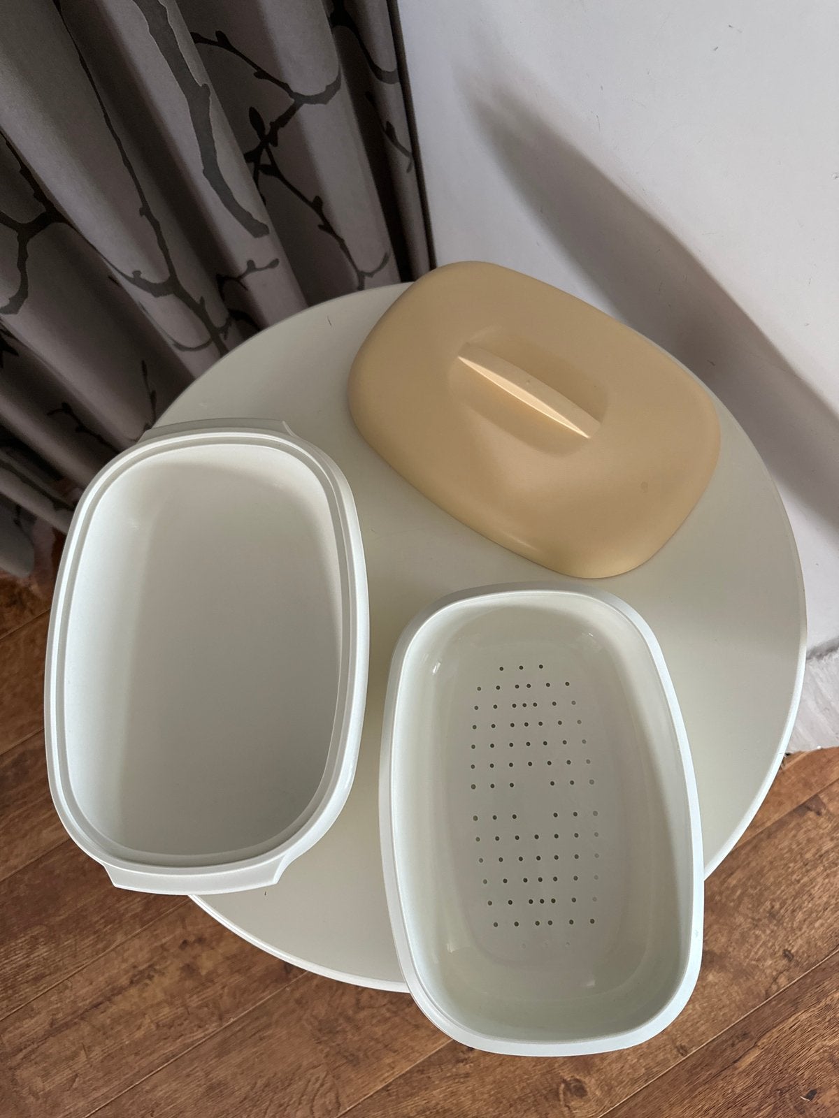 Tupperware "Meals In Minutes" stomer schaal vergiet deksel, Ophalen of Verzenden, Zo goed als nieuw, Schaal