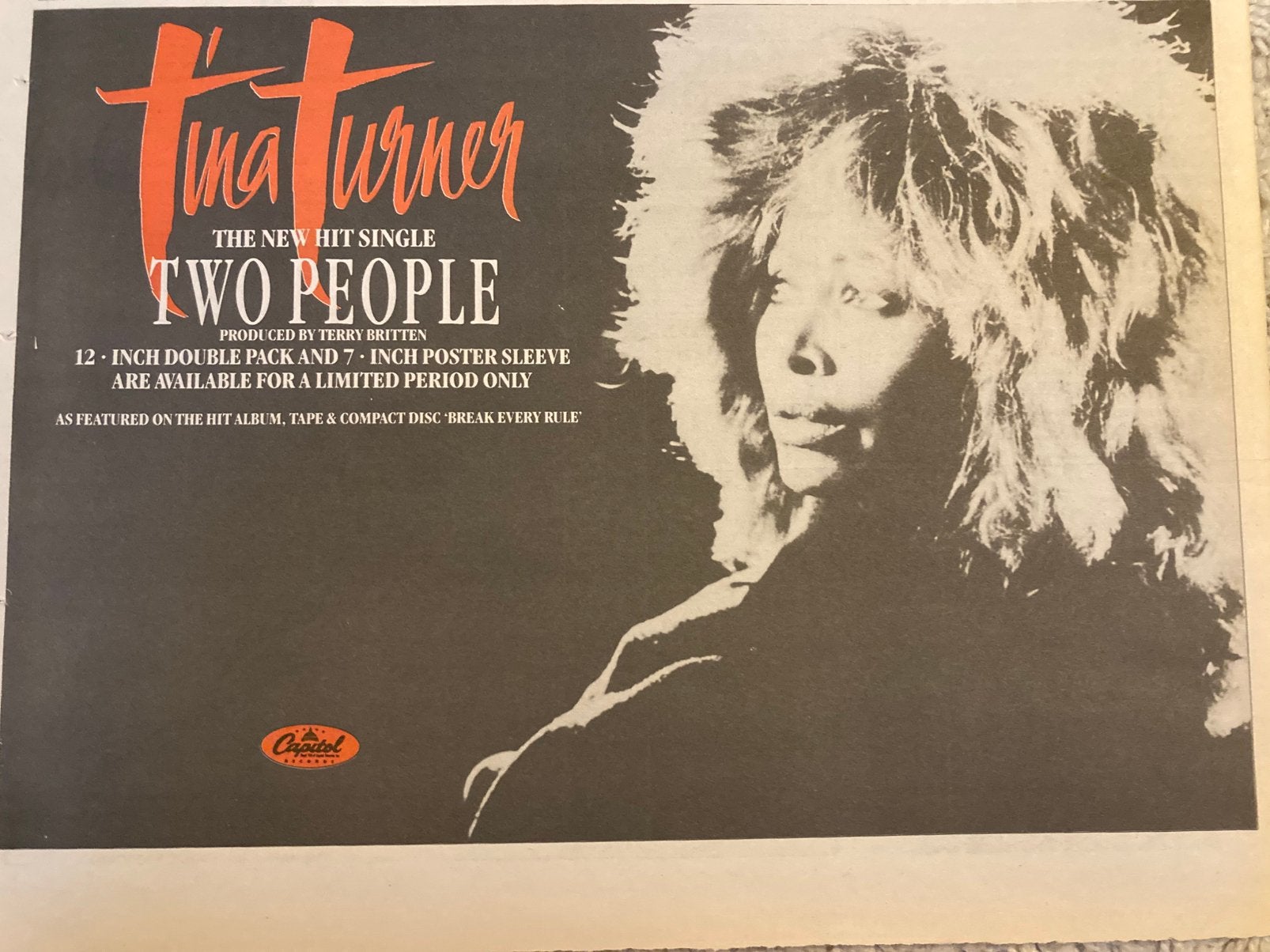 TINA TURNER Two People release A4 advertentie, Ophalen of Verzenden, Zo goed als nieuw