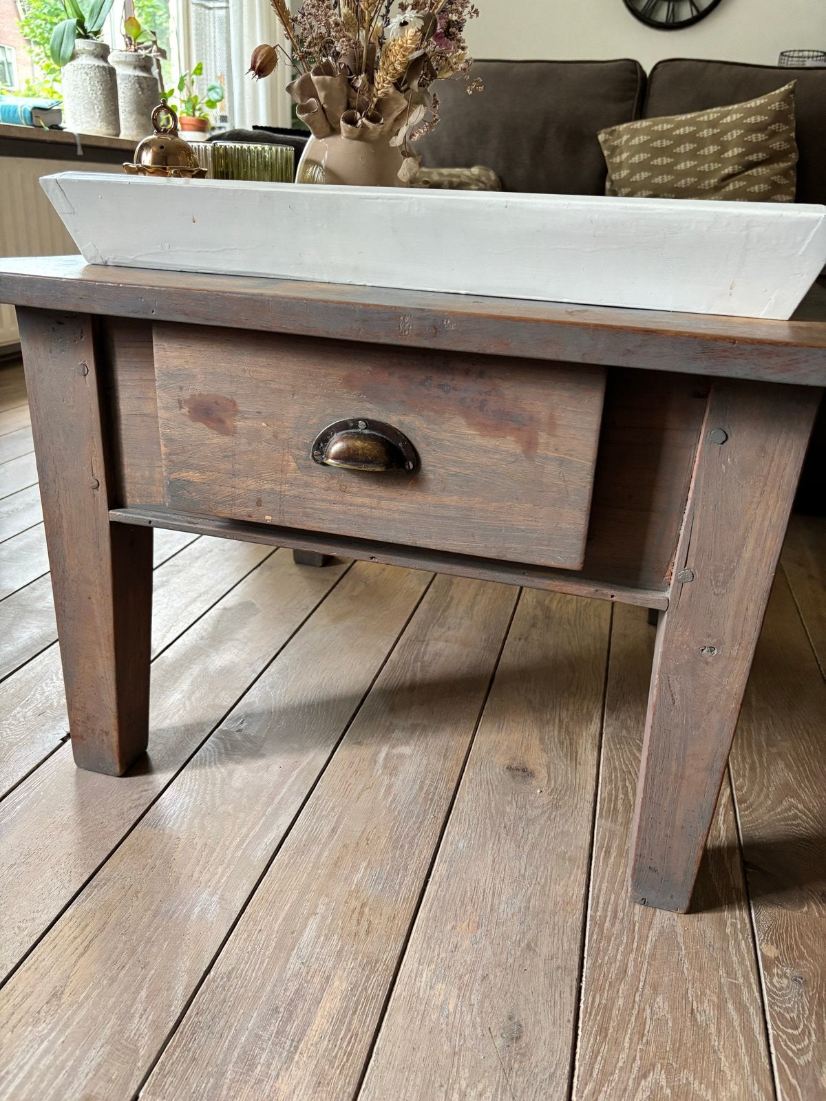 Teakhouten salontafel met lade en afneembaar dienblad, Huis en Inrichting, Ophalen, Gebruikt, 50 tot 100 cm, Vierkant