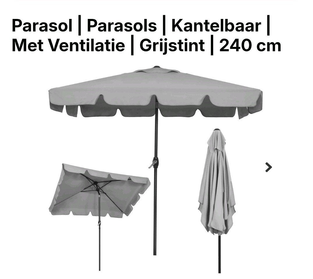 Parasol Kantelbaar met Ventilatie Grijs 240 cm, Ophalen, Kantelbaar, Nieuw, 2 tot 3 meter