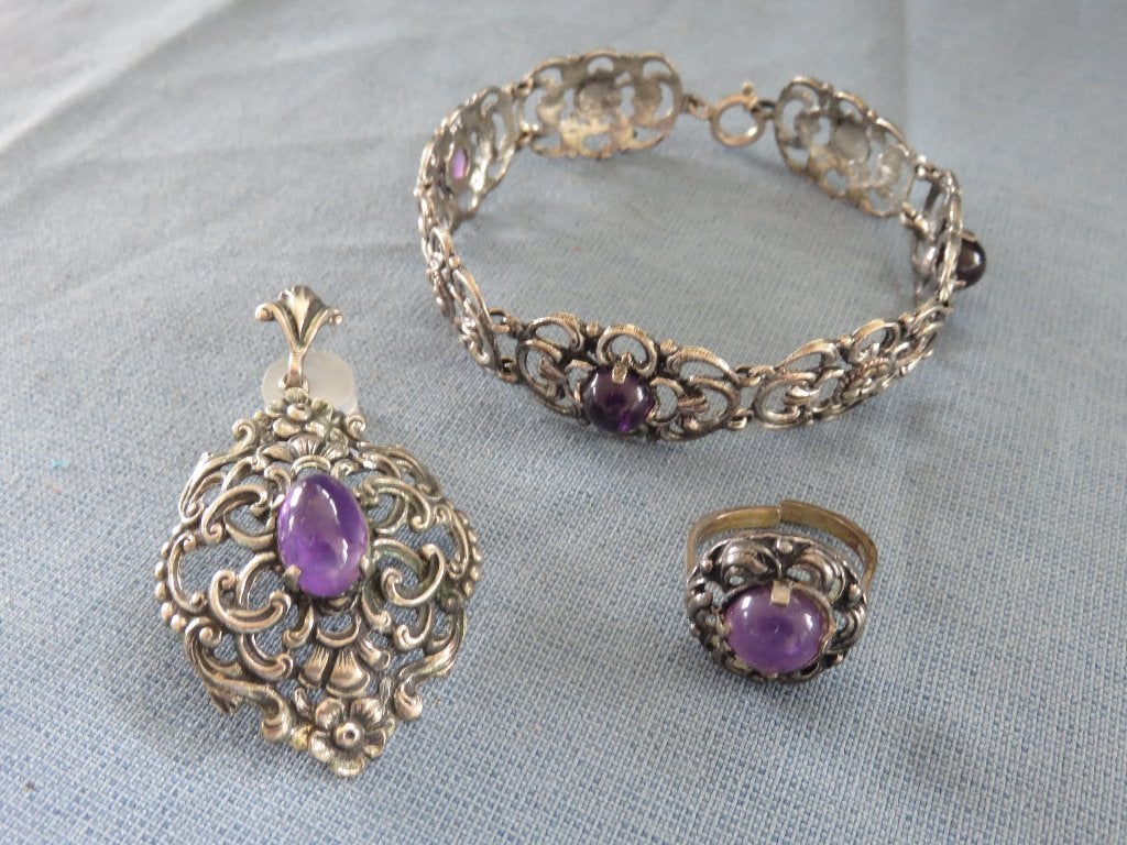 Antieke set armband - ring - hanger in zilver met amethist, Sieraden, Tassen en Uiterlijk, Antieke sieraden, Ophalen of Verzenden