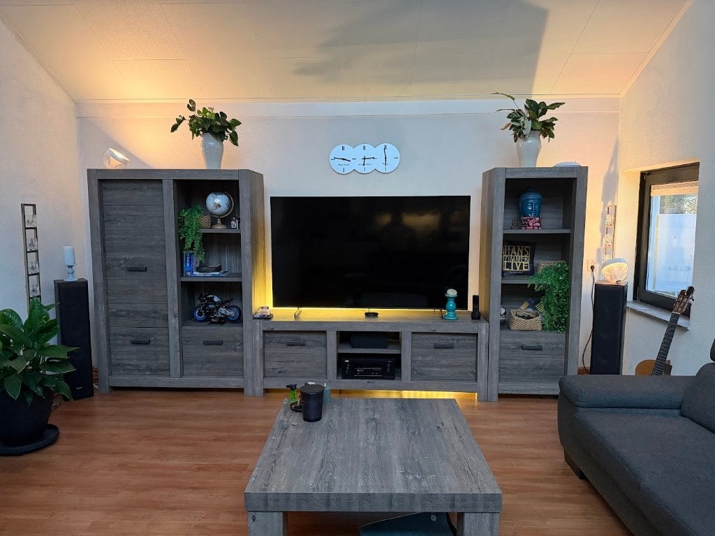 Wandkasten met tv-meubel, grijs eiken look, 386 cm breed, Ophalen, 300 cm of meer, 150 tot 200 cm, 25 tot 50 cm