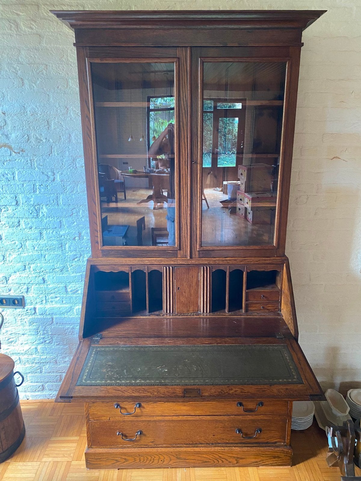 Antiek eiken secretaire met vitrinekast - Goede staat, Antiek en Kunst, Ophalen