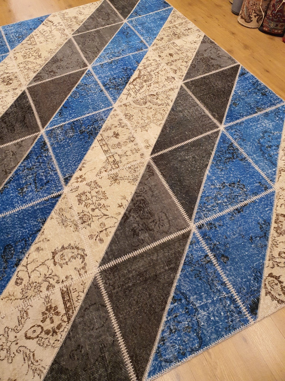 Vintage handgeknoopt oosters tapijt patchwork 300x200, Info@SlatsAntiek.nl, Tweedehands, 200 cm of meer, Ophalen of Verzenden