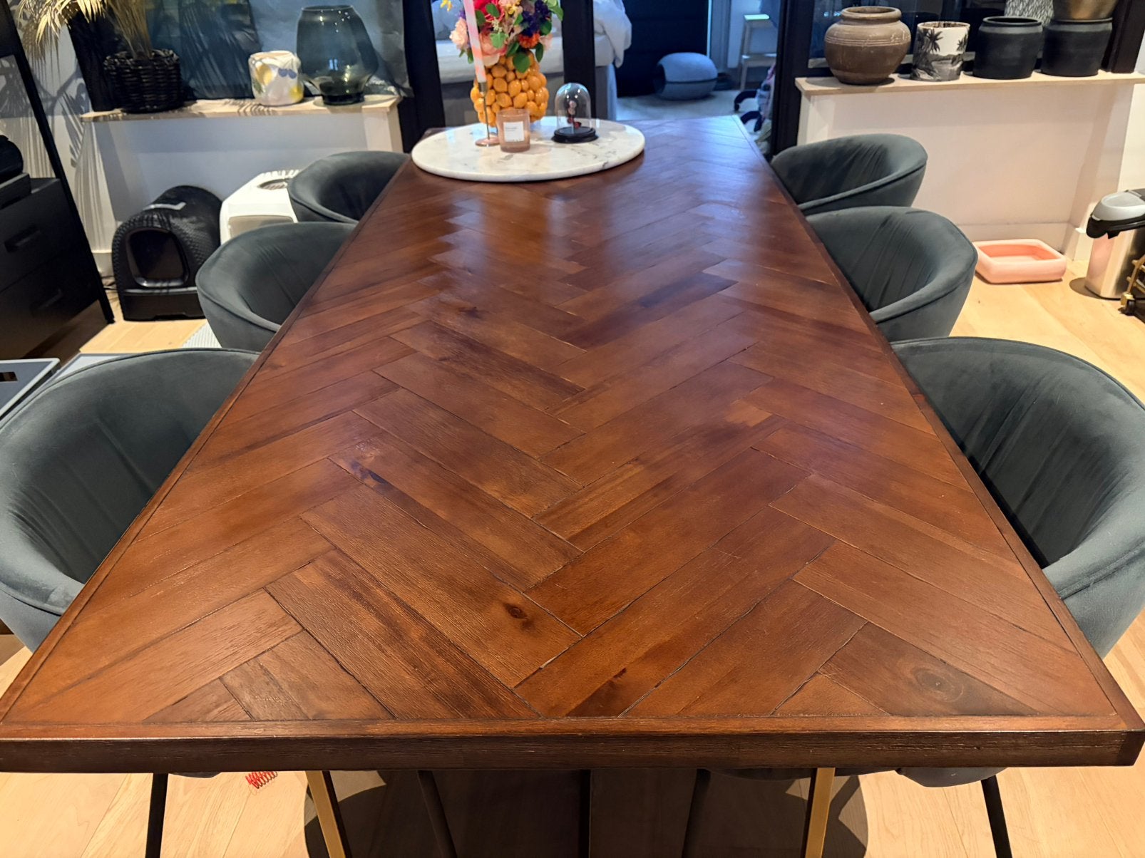 Dutchbone Class eettafel 220 cm | Visgraat | Acaciahout, 200 cm of meer, 50 tot 100 cm, Zo goed als nieuw, Vijf personen of meer