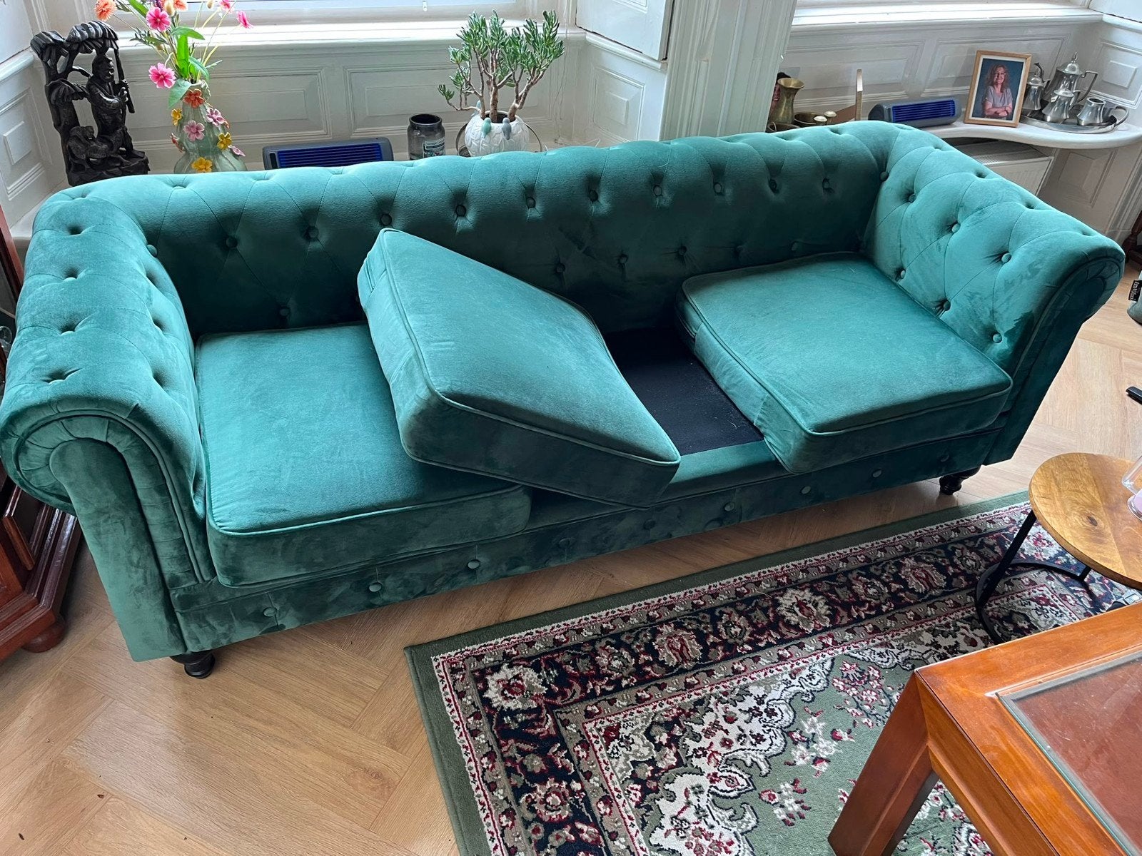 Prachtige Groene Chesterfield Bank - 3-zits, 75 tot 100 cm, Ophalen of Verzenden, Zo goed als nieuw, Rechte bank