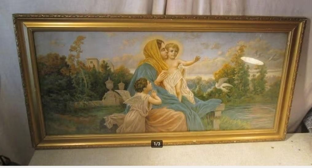 Antieke Vergulde houten Fotolijst - religieuze prent - 88x44, Ophalen of Verzenden, Zo goed als nieuw, Kaart of Prent