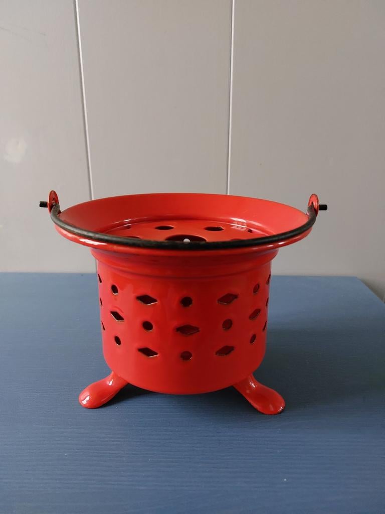 Vintage theelicht oranje emaille theepot warmhouder zgan, Ophalen of Verzenden