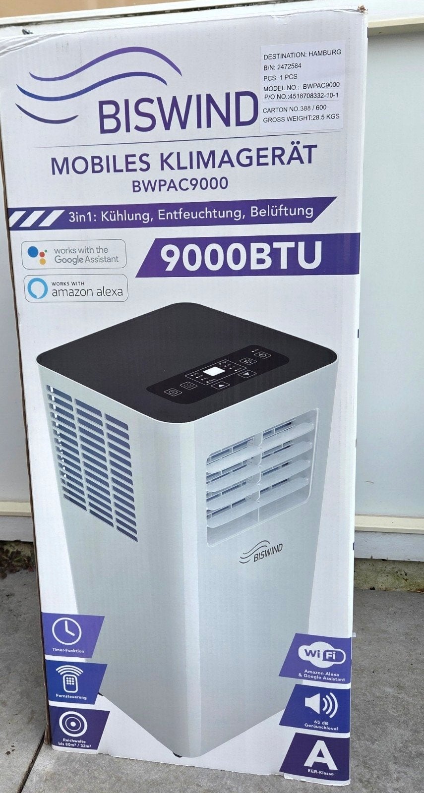BISWIND Mobiele Airco 9000BTU 3-in-1 - Nieuw in doos, Witgoed en Apparatuur, Airco's, Ophalen, Minder dan 60 m³, Timer, Nieuw