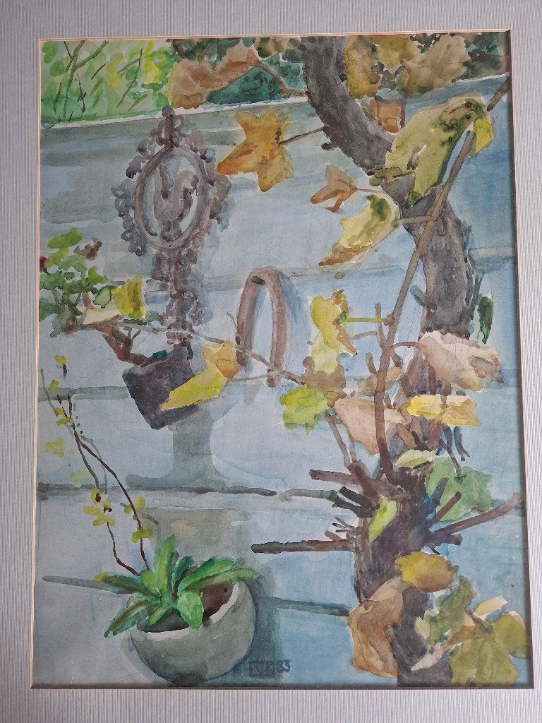 Aquarel 'Blauwe schutting' van Mien van Koppenhagen, Antiek en Kunst, Ophalen, Realistisch, Gesigneerd, Aquarel
