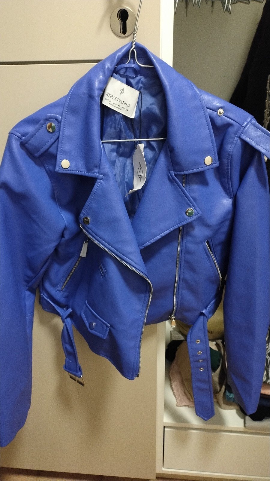 Stradivarius blauw leren bikerjack, Blauw, Maat 46/48 (XL) of groter, Ophalen of Verzenden, Zo goed als nieuw