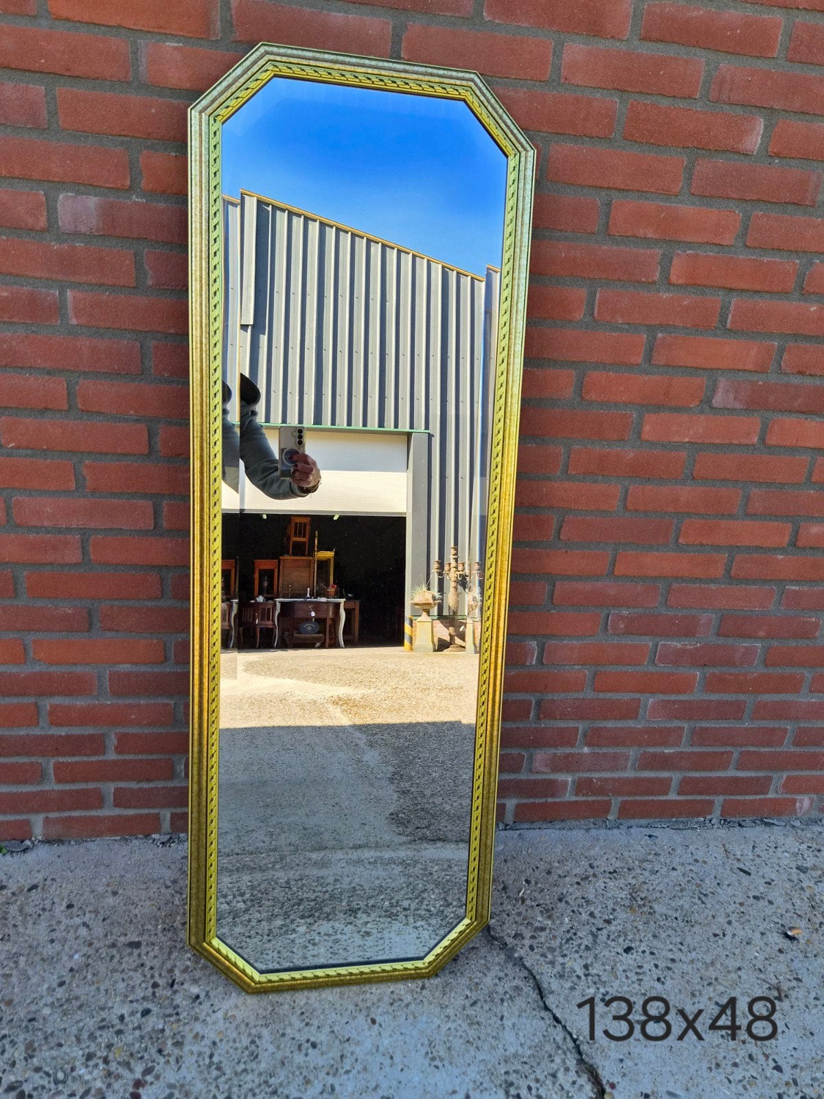 Vintage spiegel met gouden lijst - 138x48 cm, Ophalen, Overige vormen, Minder dan 50 cm, 100 tot 150 cm