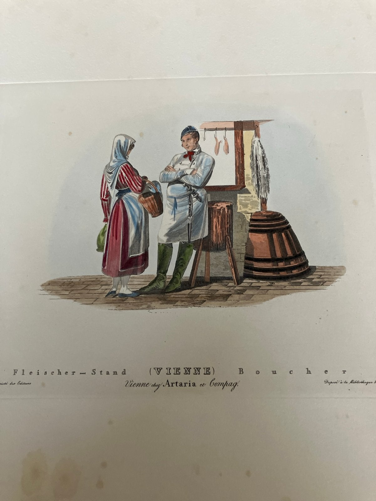 Antieke handgekleurde kopergravure "Fleischer-Stand" (1826), Antiek en Kunst, Kunst | Etsen en Gravures, Handgekleurd, Dagelijks leven