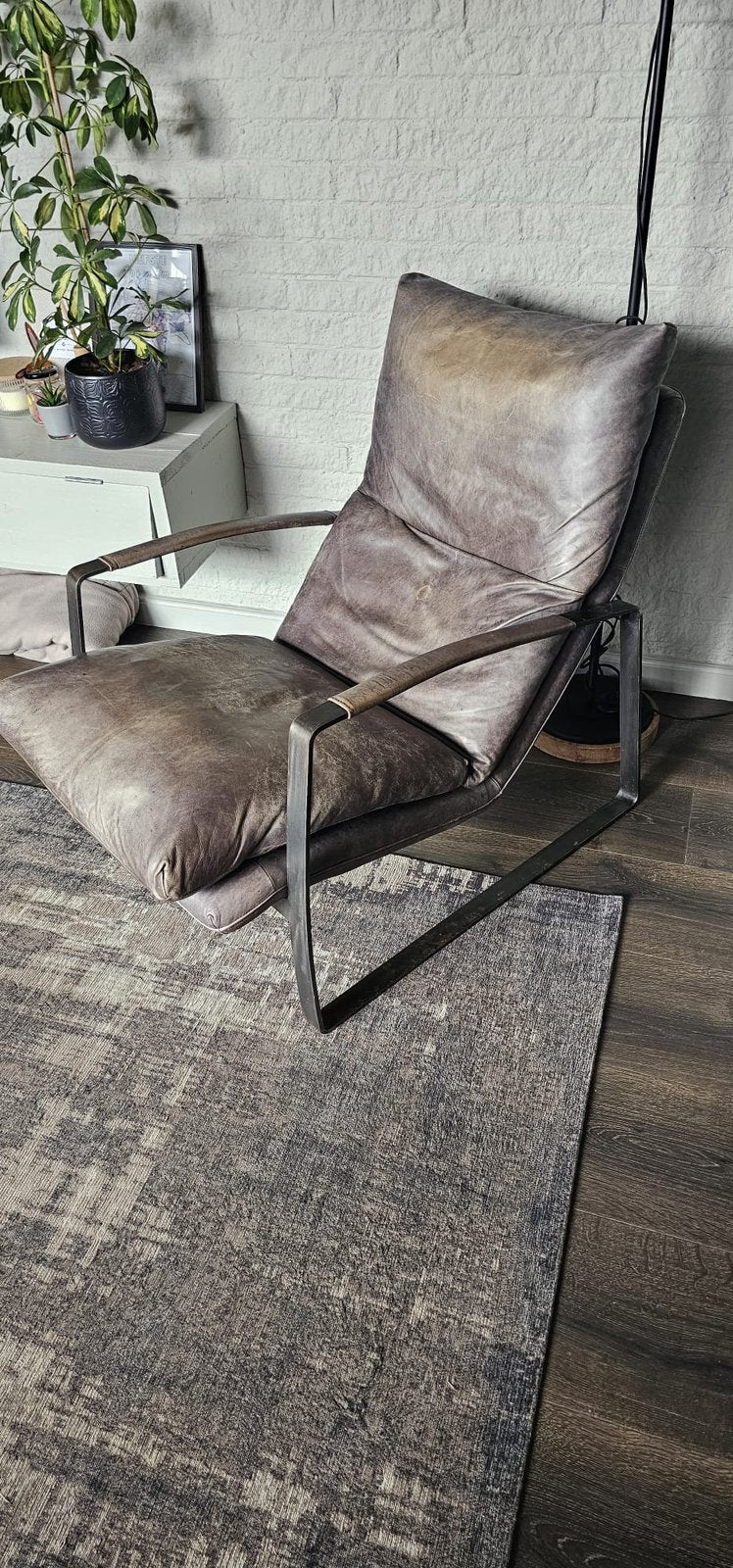Antraciet leer fauteuil/stoel Eleonara, model Lex, Gebruikt, 75 tot 100 cm, Ophalen of Verzenden, Metaal
