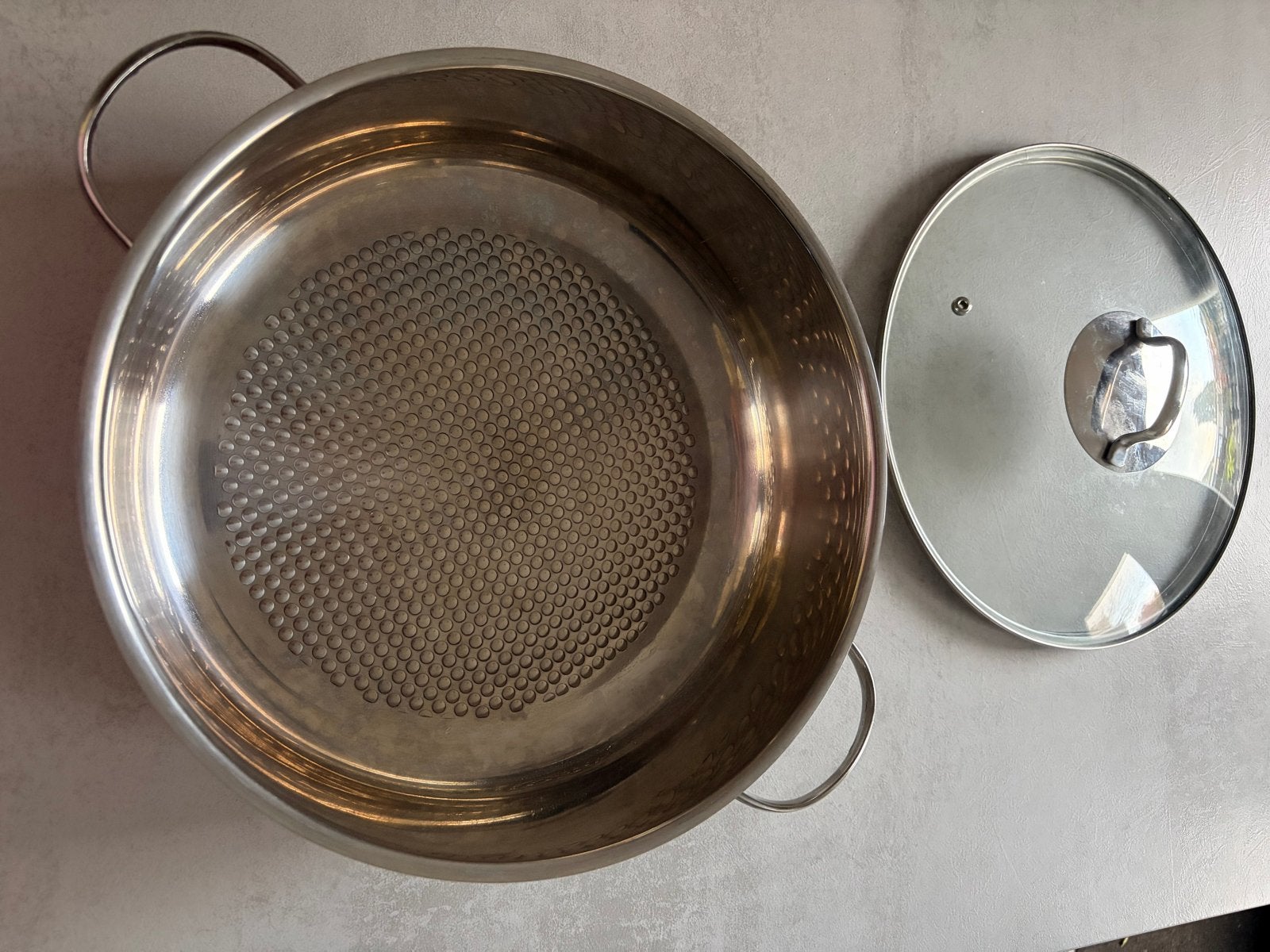 Lidl Ernesto RVS hapjespan 28 cm met glazen deksel, Gebruikt, Ophalen of Verzenden, Rvs, Kookpan