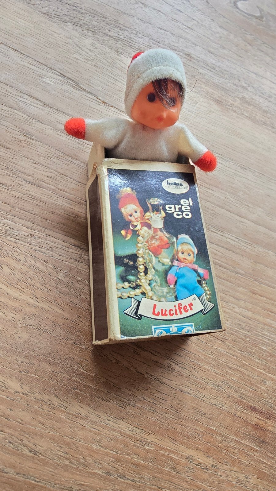 Vintage El Greco Lucifer popje in luciferdoosje, Ophalen of Verzenden, Gebruikt