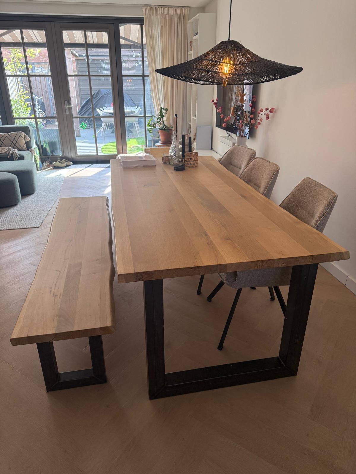 Boomstamtafel met bankje - 220 bij 100 cm, Ophalen, 100 tot 150 cm, 200 cm of meer, Zo goed als nieuw