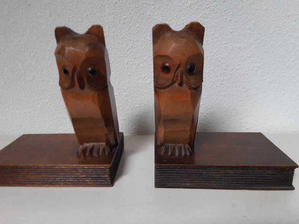 stel houten boekensteunen met gestileerde uil, Antiek en Kunst, Kunst | Beelden en Houtsnijwerken, Houtsnijwerk, Minder dan 20 cm