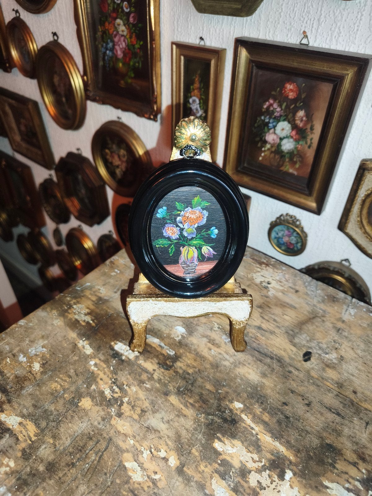 oud schilderijtje schilderij lijst stilleven bloemen X59, Ophalen of Verzenden