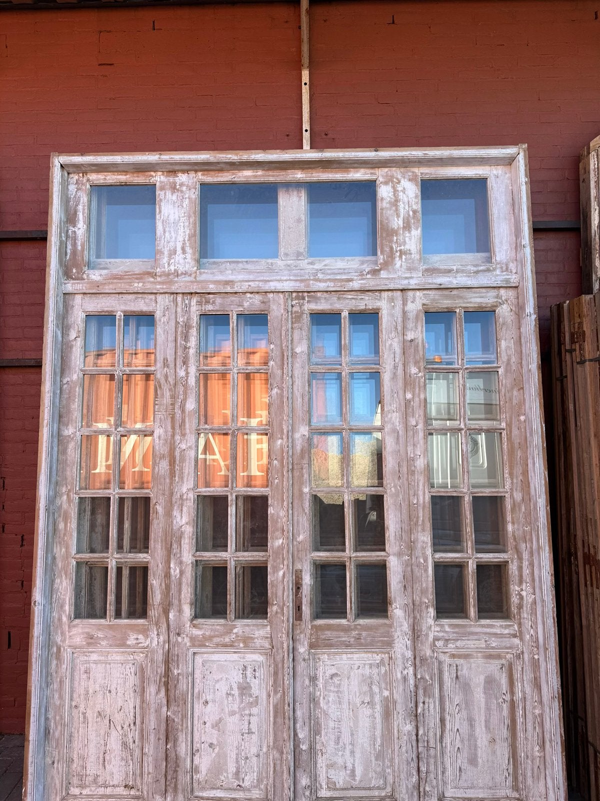 Antieke 4-slag oranjerie deuren met bovenlicht en patina, Ophalen of Verzenden, Zo goed als nieuw, Hout