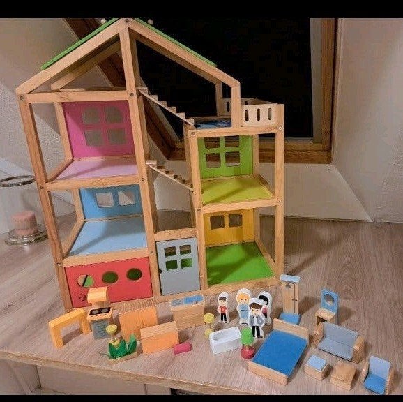 Houten Poppenhuis met Meubels en Poppen, Kinderen en Baby's, Ophalen, Zo goed als nieuw, Poppenhuis