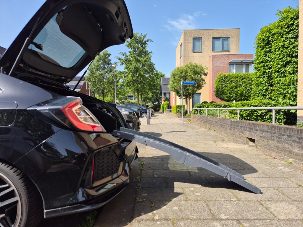 Trixie Honden loop plank voor bij de auto., Ophalen