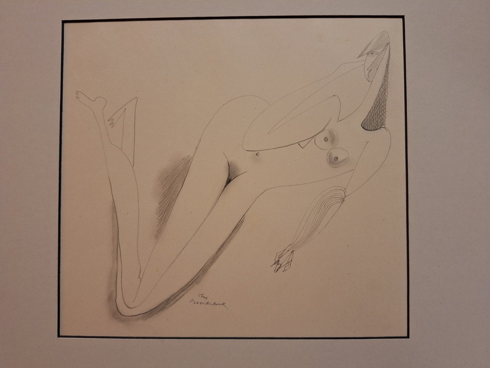 Abstracte Naakt Tekening door Beerendonk, Antiek en Kunst, Ophalen of Verzenden, Tekening, Potloodtekening, Gesigneerd
