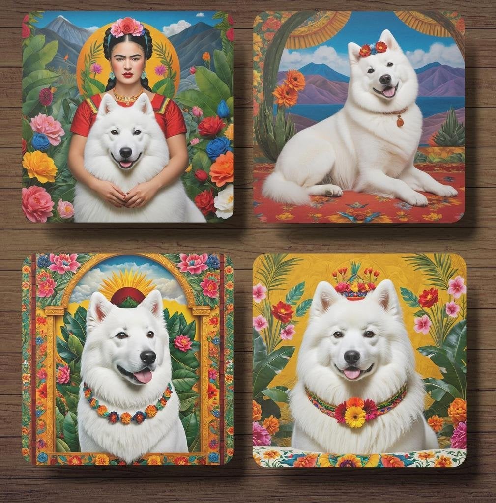 Samojeed Frida Kahlo onderzetters met houder, Ophalen of Verzenden, Nieuw