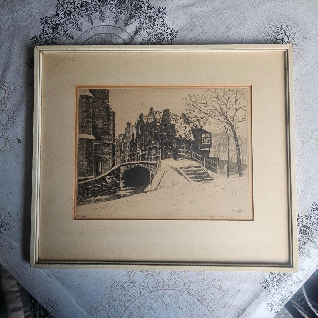 Hendrik de laat Ets  "Delft" 1927, Ingelijst, Ets, Stadsgezicht, Ophalen of Verzenden