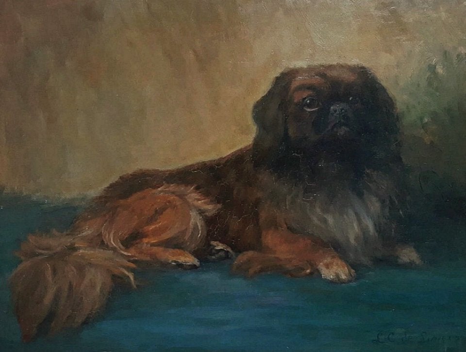 Antiek olieverf schilderij van hond frans, Ophalen, Dieren